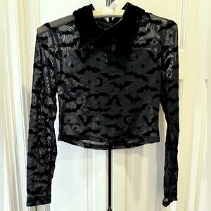 Enz's NYC Sheer Bats and Moon Crop Top with Velvety Collar